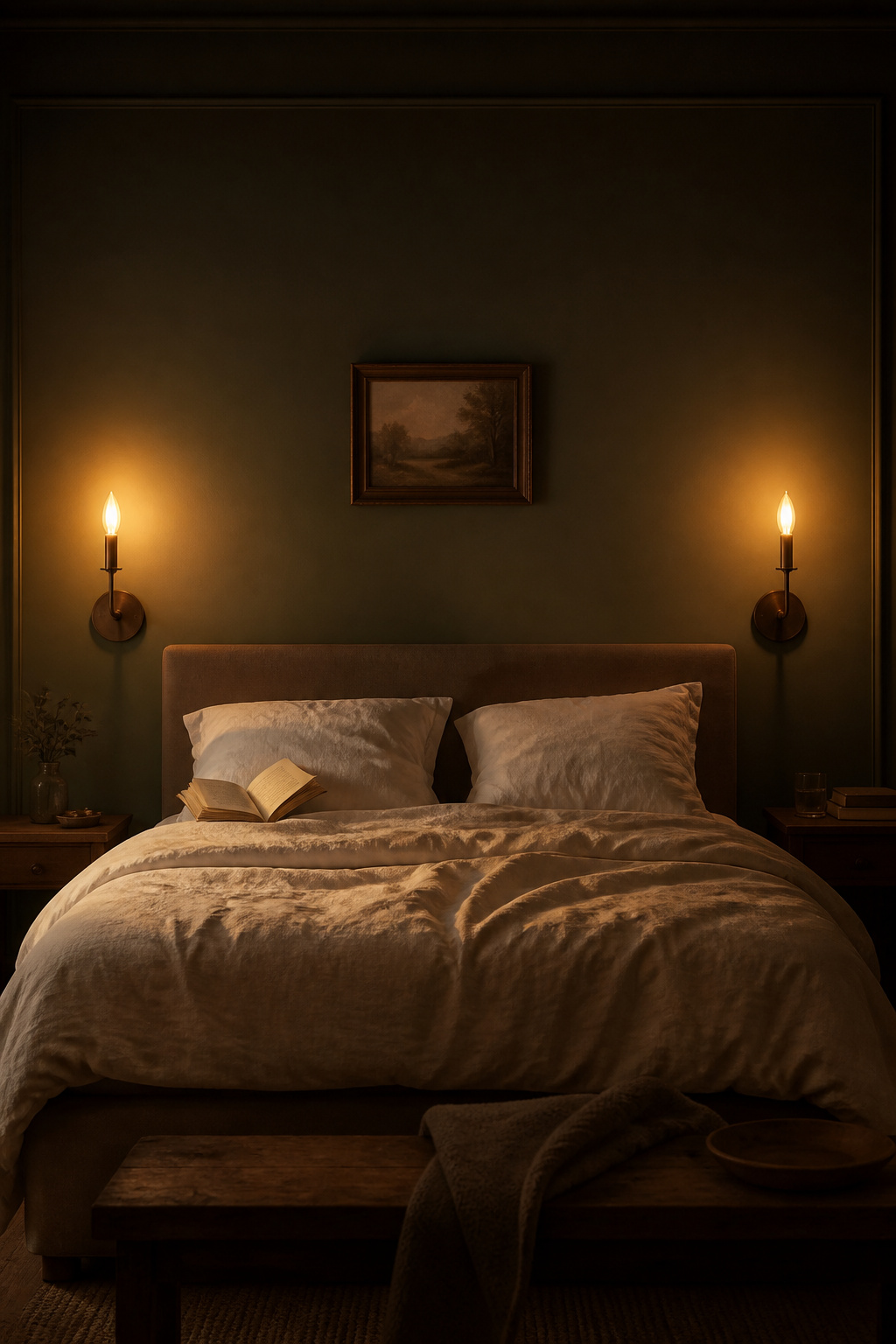 Wall sconces at 60-65 inches from the floor hit exactly the right angle for both reading in bed and creating the flattering, fire-adjacent quality that makes a bedroom feel genuinely romantic.