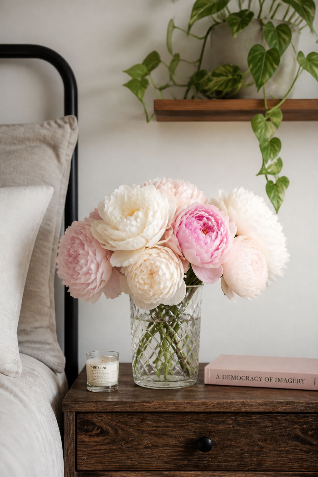 Fresh peonies kept away from direct sunlight and ethylene-producing fruit will extend their vase life considerably — and even a few stems on a nightstand change the entire feeling of a room.