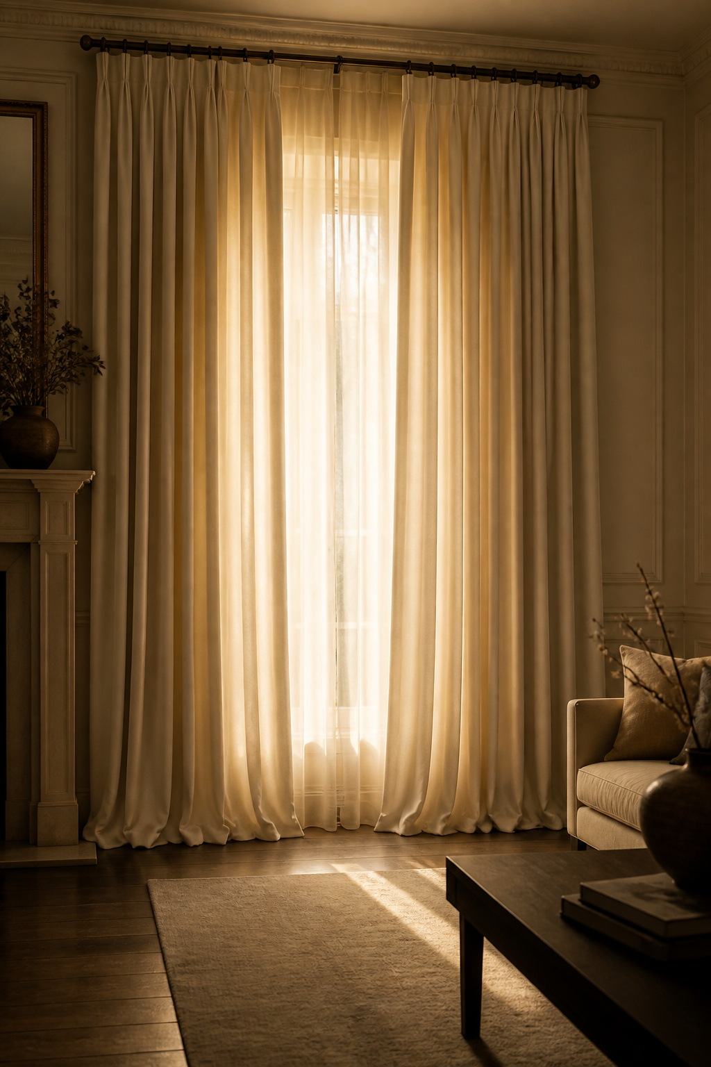 Hanging curtain rods 6 inches above the window frame and extending past the sides transforms any standard window into something that reads as genuinely grand — the classic trick designers use every time.