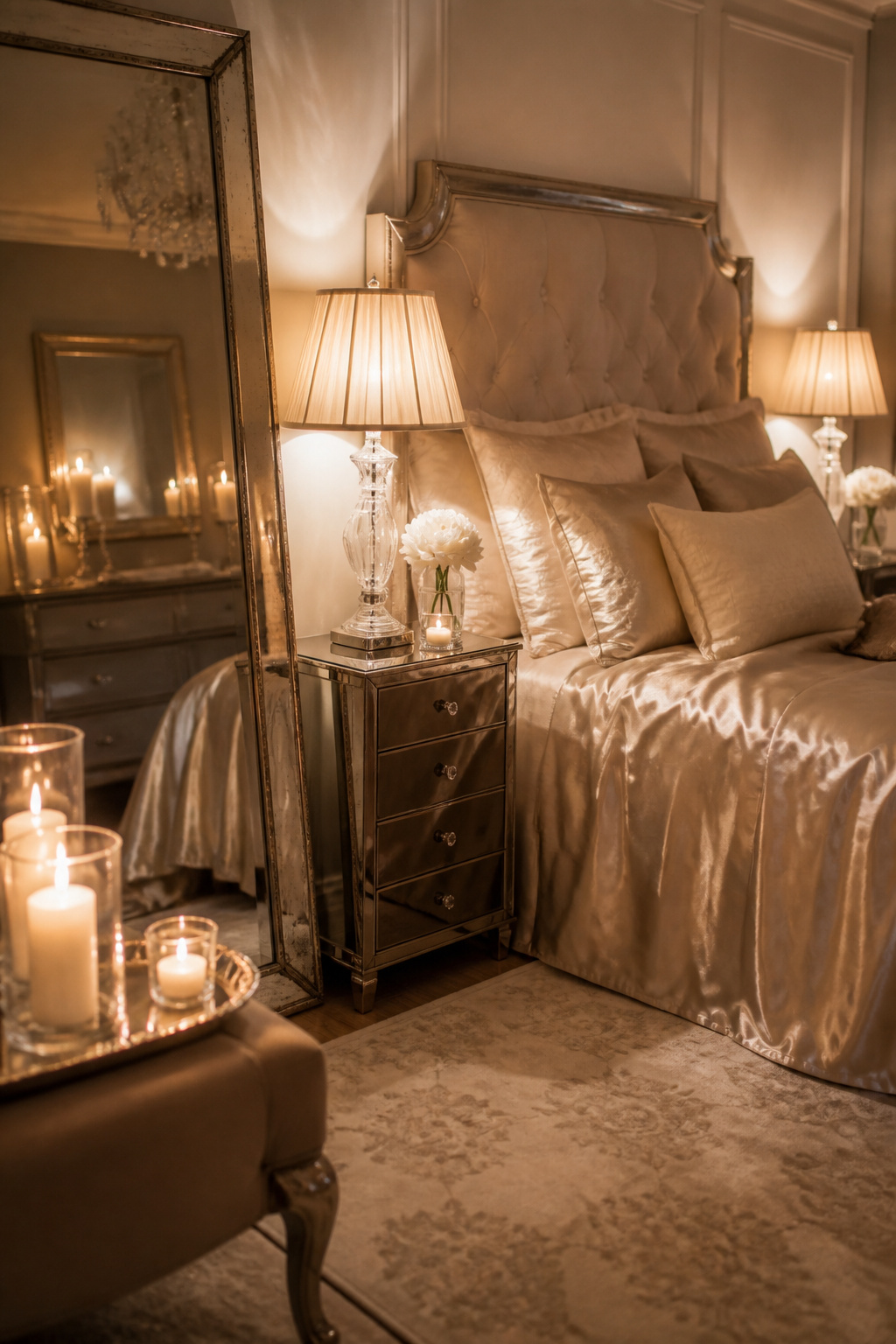Smoked-glass mirrored furniture reads warmer than clear mirrors, making it a smarter choice for the bedroom — it amplifies candlelight without creating the cold, clinical effect of polished chrome.