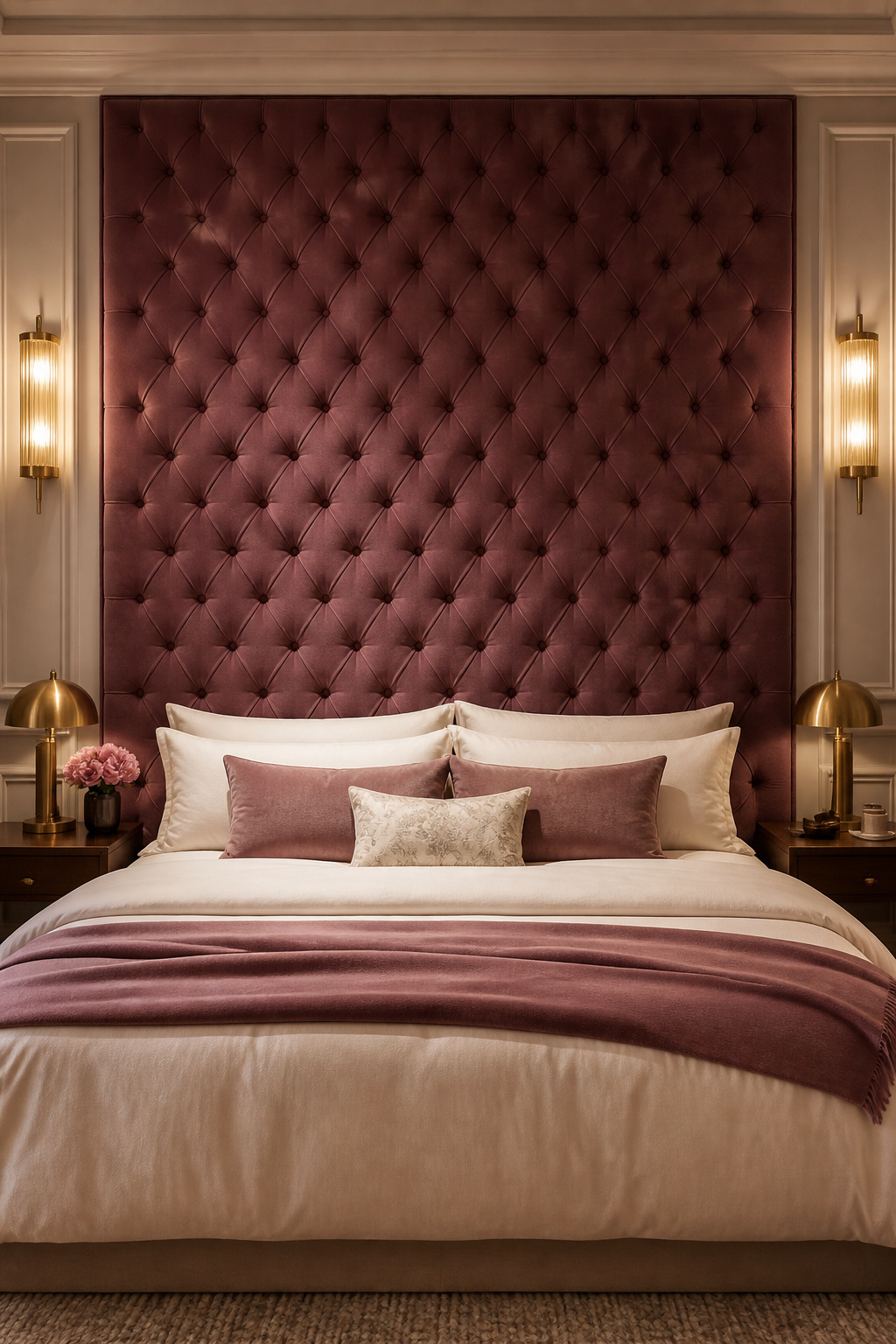 A button-tufted velvet headboard at 72 inches high turns the entire wall into a focal point — it's the single piece that most efficiently elevates everything else in the room.