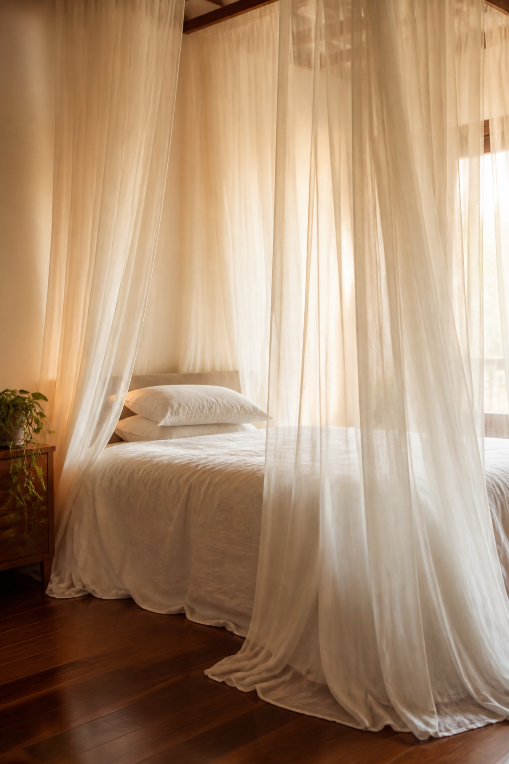 Sheer voile panels hung from ceiling-mounted rods create an instant canopy effect without requiring a four-poster frame — one of the most versatile romantic bedroom decor moves you can make.