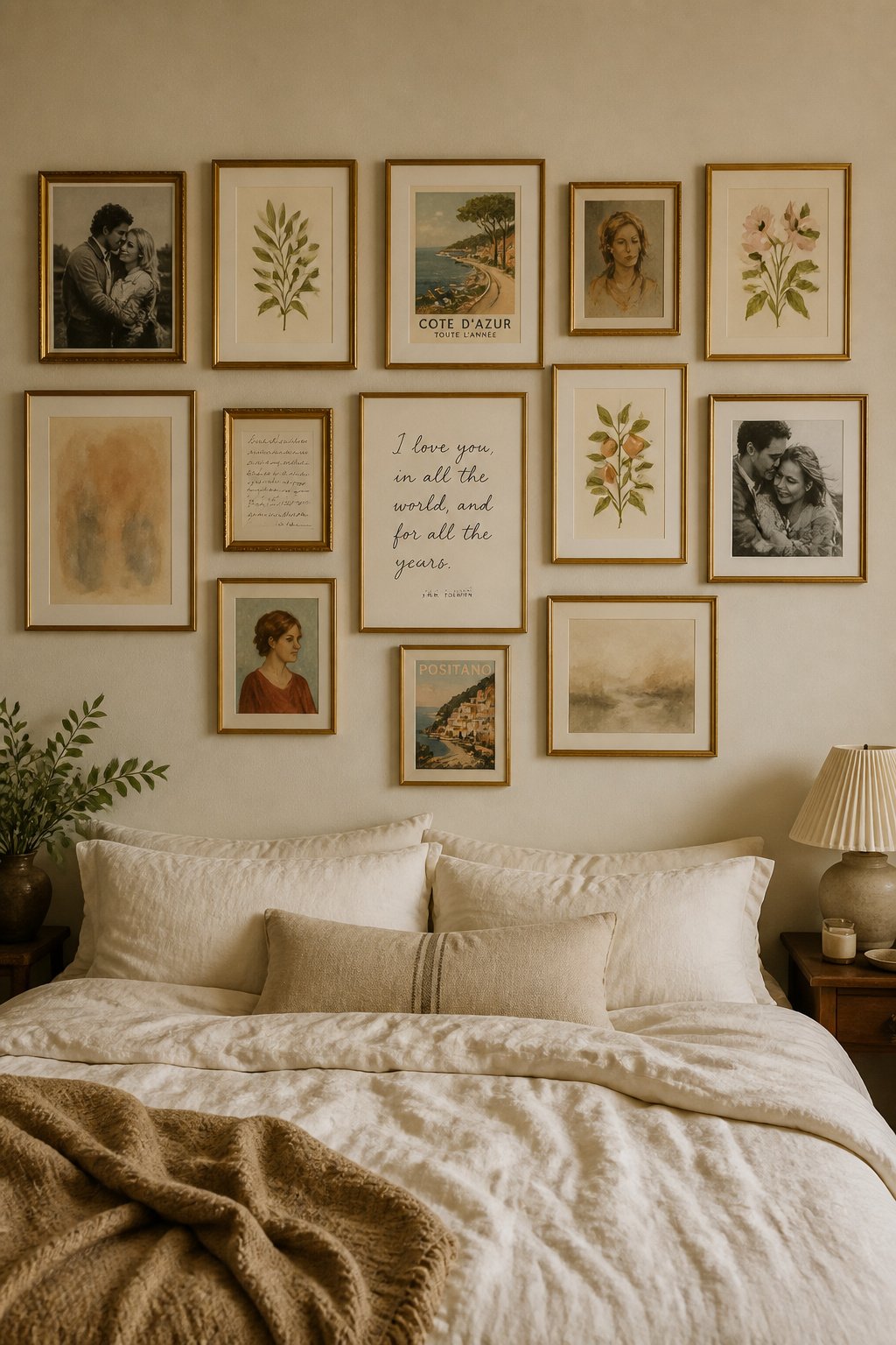 A gallery wall that mixes couple photographs with botanical and abstract prints in coordinating gold frames creates a bedroom that feels genuinely inhabited — the whole point of romantic bedroom ideas for couples.