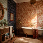 A sun-warmed bohemian bathroom layering Moroccan trellis, indigo batik, and block-print florals with brass fixtures and warm natural light.