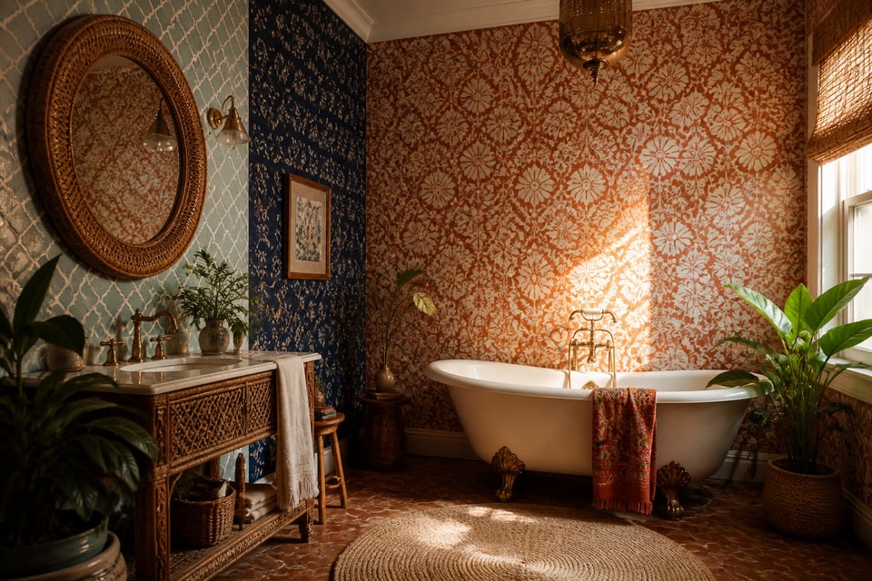 A sun-warmed bohemian bathroom layering Moroccan trellis, indigo batik, and block-print florals with brass fixtures and warm natural light.