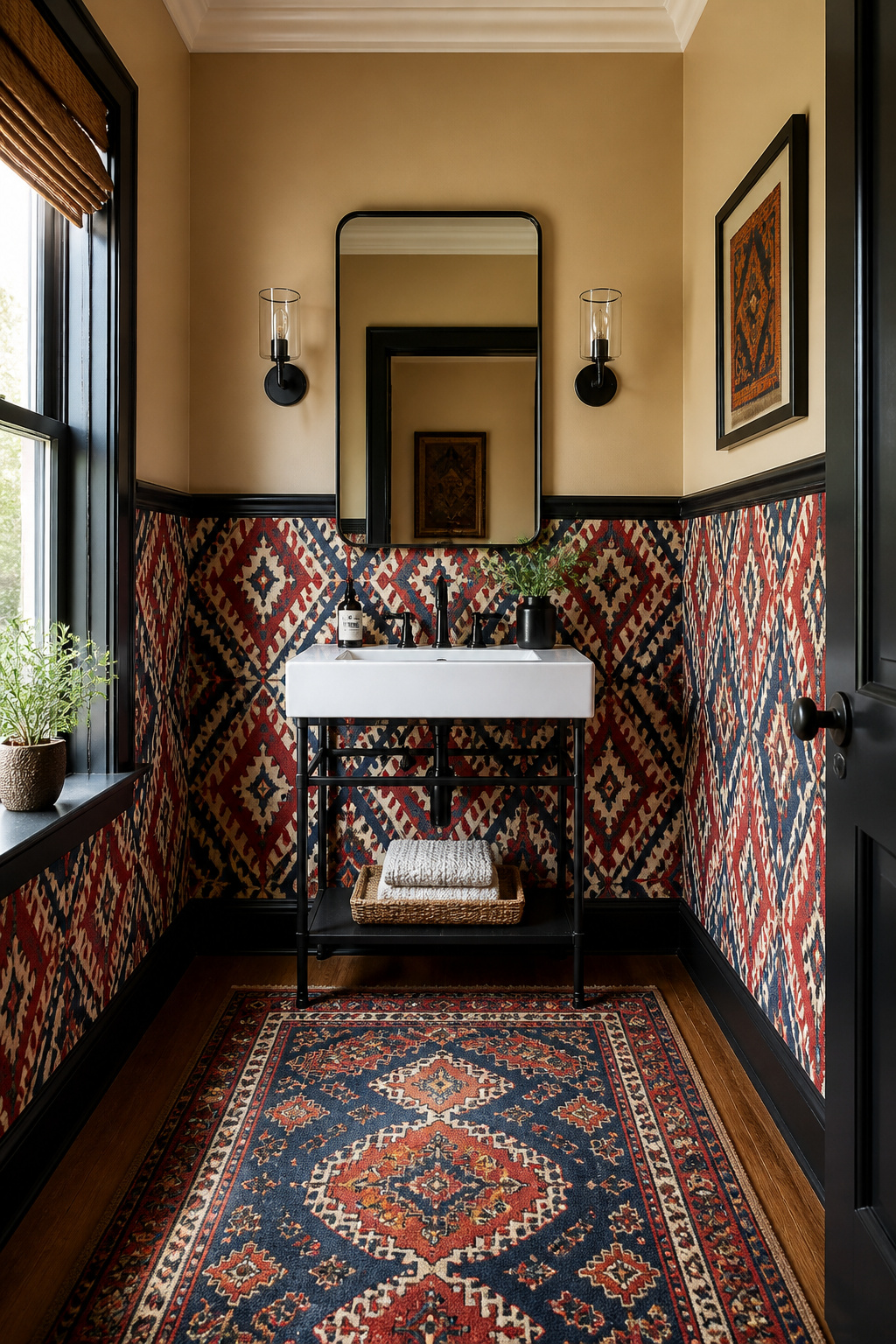 Vivid red and blue kilim-inspired geometric wallpaper wraps the lower half of a powder room wall, capped with a chair rail for a faux wainscot effect.