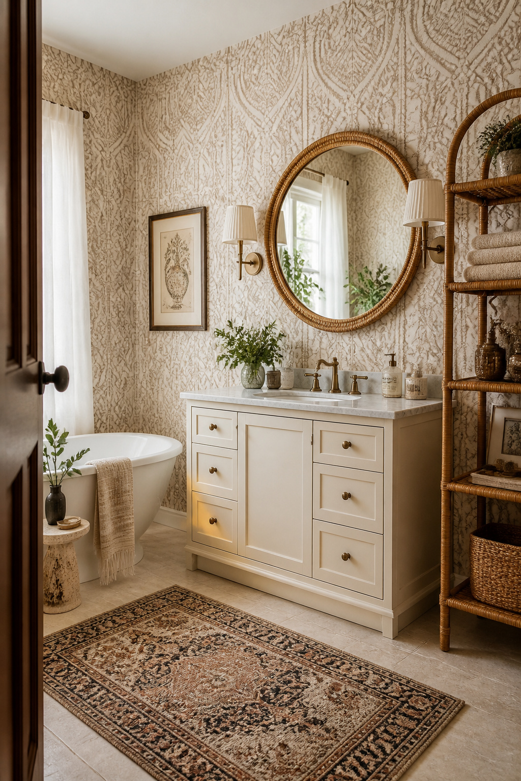 A tonal cream-on-cream macrame-print wallpaper is layered with a round rattan mirror and open rattan shelving for a cohesive natural-fiber look.