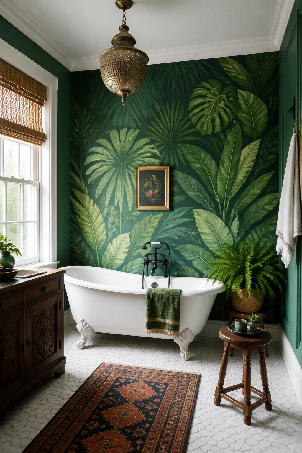 A deep emerald jungle-print wallpaper transforms the wall behind a clawfoot tub into an immersive, escapist bathroom retreat.