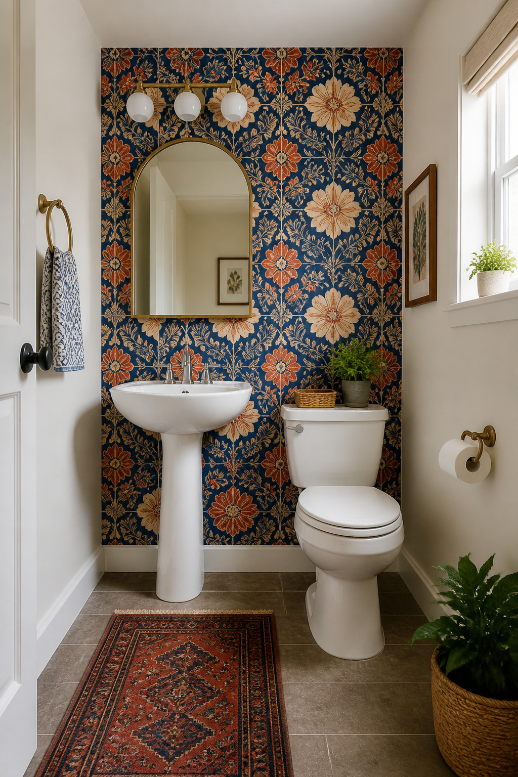 A single peel-and-stick bohemian block-print accent panel is installed cleanly around a pedestal sink, ideal for a rental bathroom.