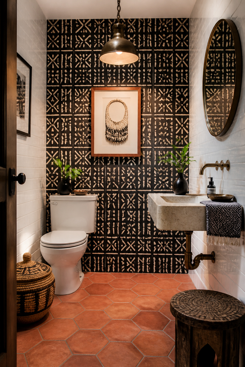 A bold black-on-cream mudcloth-inspired accent wall anchors a small half-bath, paired with white subway tile and a single brass pendant.