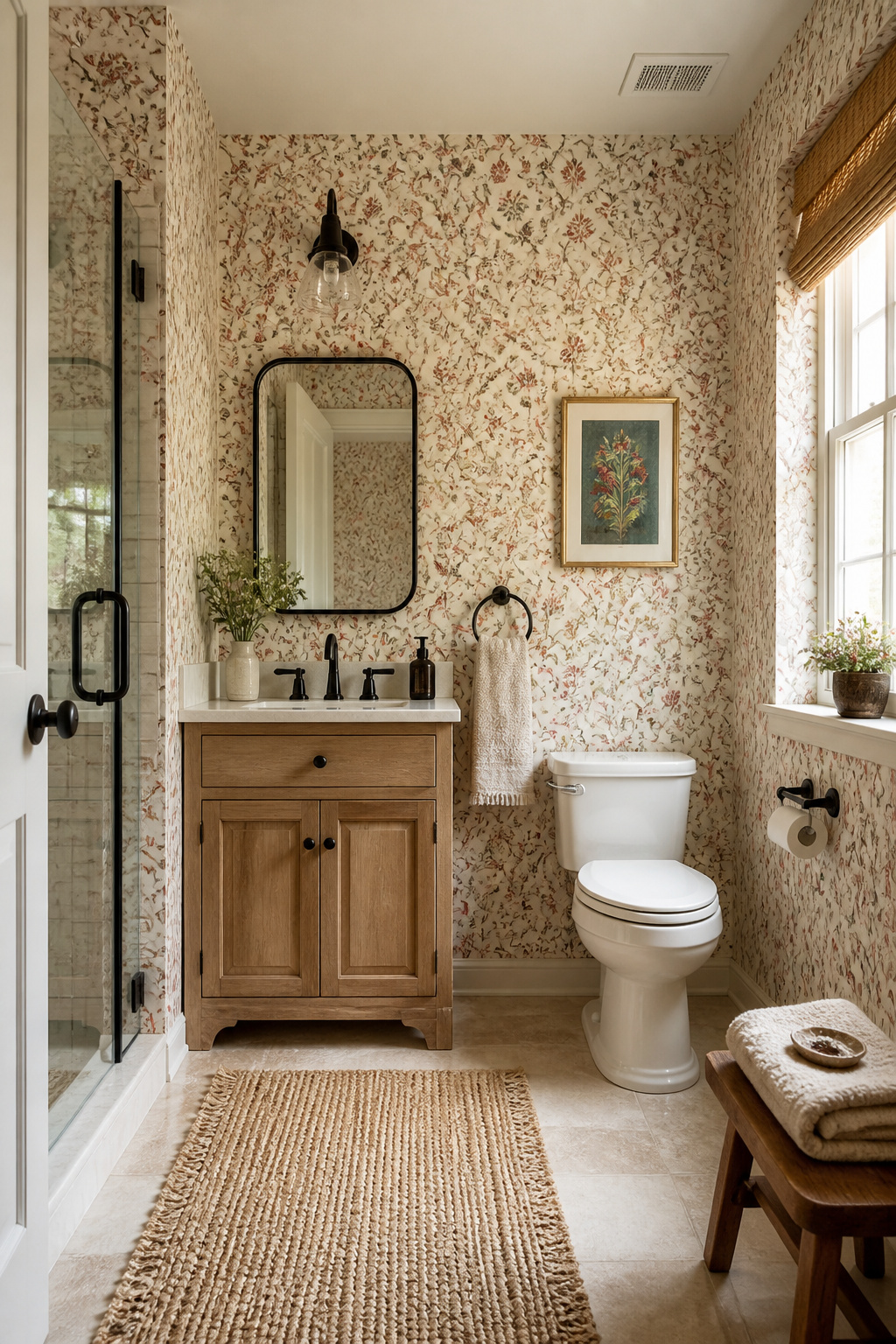 Delicate Sanganeri-style block-print floral wallpaper in cream and rust tones is paired with a woven jute bath mat and matte black hardware.
