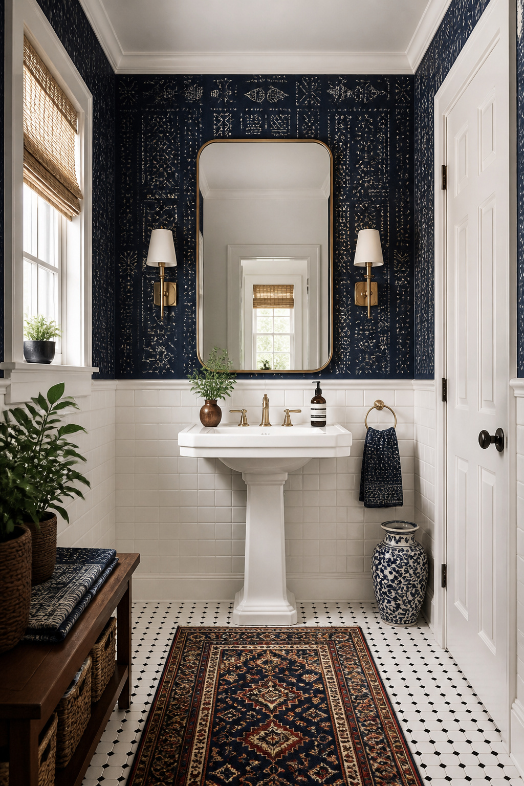 Deep indigo batik-print wallpaper is balanced by white subway tile and an opposite-facing mirror that bounces light back through the room.