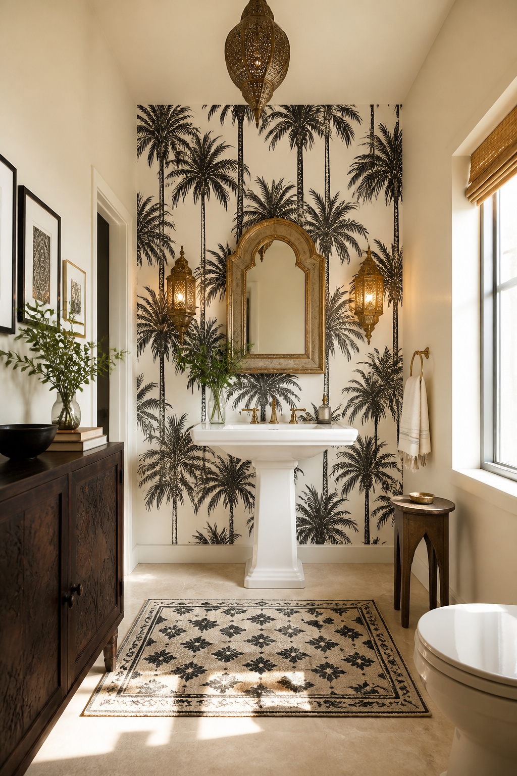 A monochrome silhouette palm leaf accent wall is grounded with a brass Moroccan sconce and block-print bath mat for a personal, curated feel.