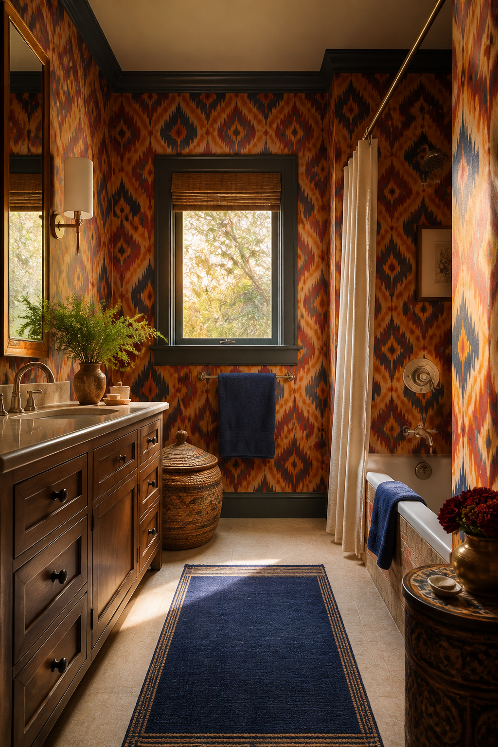 Saturated ikat-pattern wallpaper in marigold, red, and indigo wraps the walls, paired with solid-color textiles and simple brushed nickel hardware.