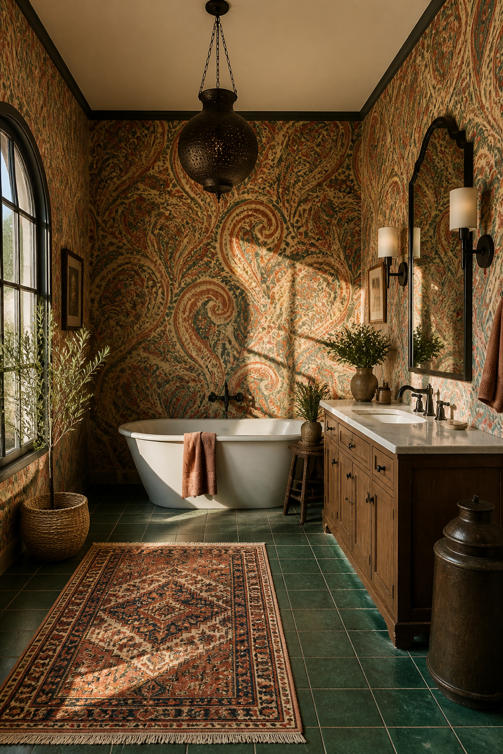 An oversized vintage-toned paisley wallpaper in faded rust and dusty teal pairs with a solid deep green tile floor for a heritage feel.