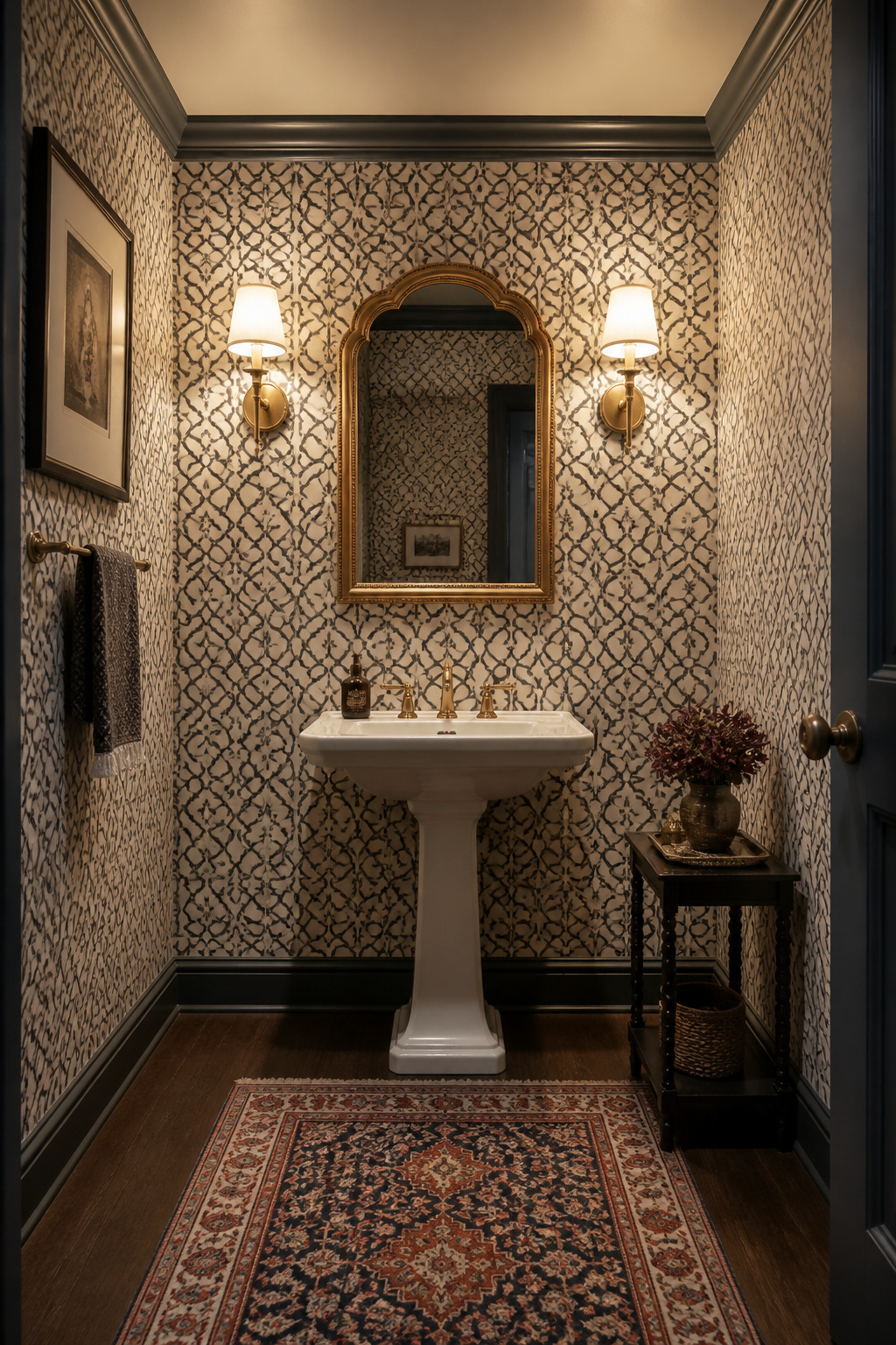 A charcoal-on-cream Moroccan trellis wallpaper wraps a small powder room, paired with an antique brass mirror and sconce for warmth.