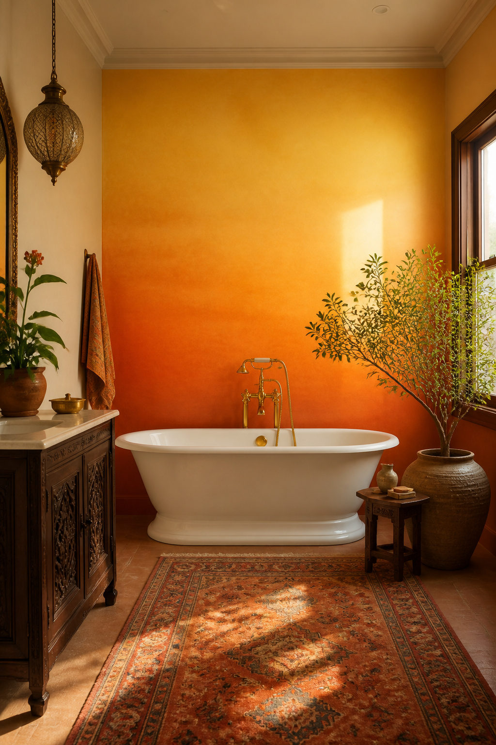 A warm orange-to-gold sunset ombre wallpaper gradient rises behind a freestanding tub, its lightest tone aligned with the room's natural window light.