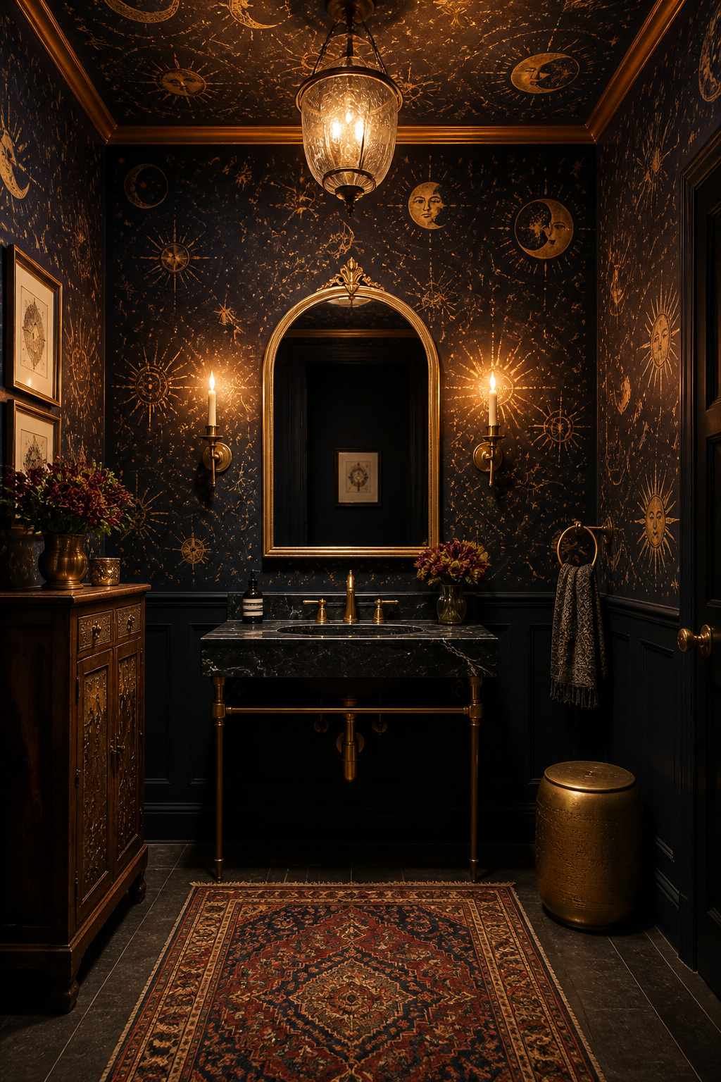 Deep indigo celestial wallpaper with gold sun and moon motifs glows under candlelight, echoed by antique brass fixtures.