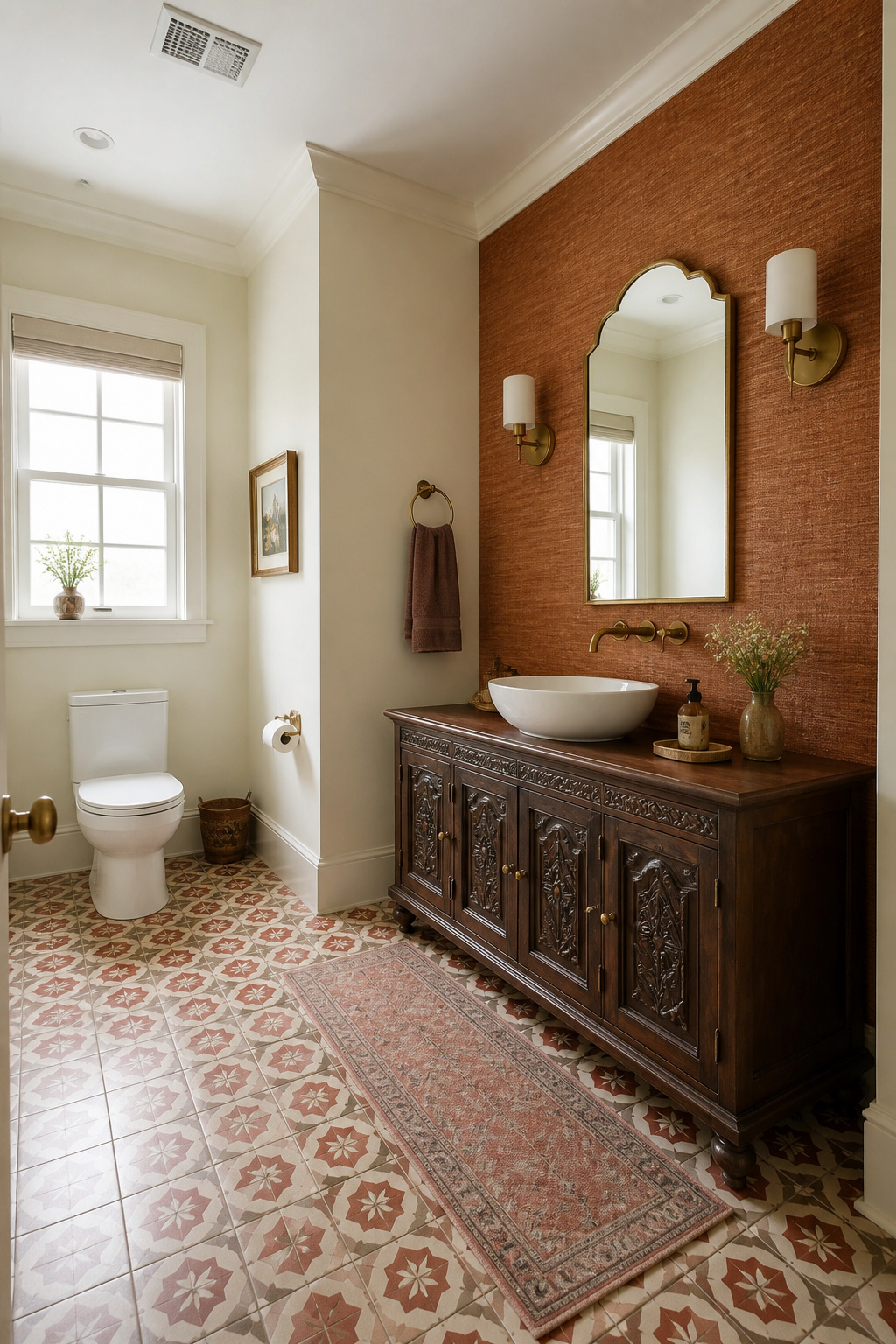 A textured terracotta grasscloth accent wall warms a north-facing bathroom, grounded by brass fixtures and a vessel sink.