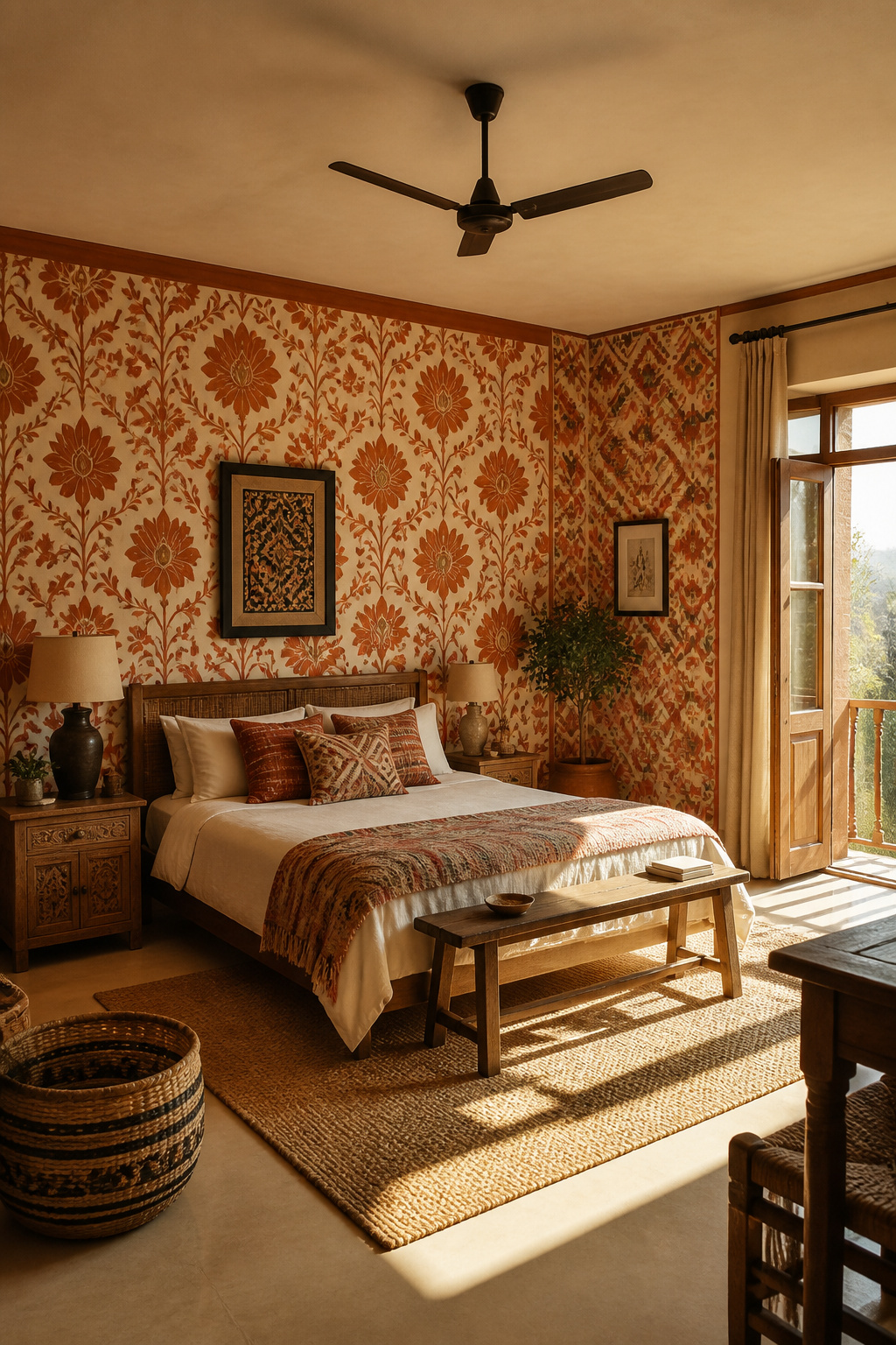 A single accent wall mixes a large-scale block-print floral with a smaller kilim geometric, unified by a shared rust and cream color thread.