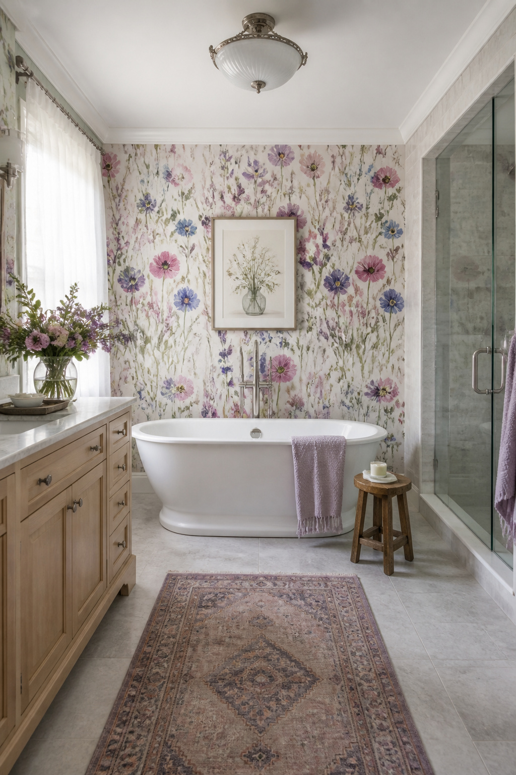 Soft pink and lavender watercolor wildflower wallpaper covers the wall behind a tub, paired with brushed nickel fixtures for a serene, gentle mood.