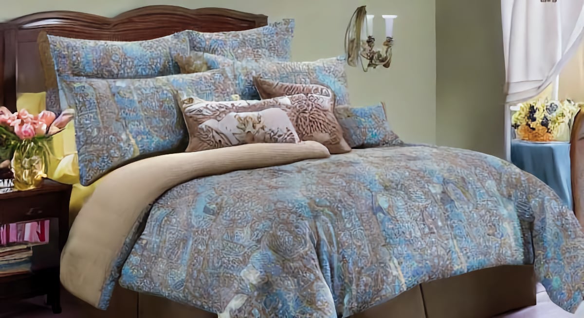 colorful bedding with beige walls