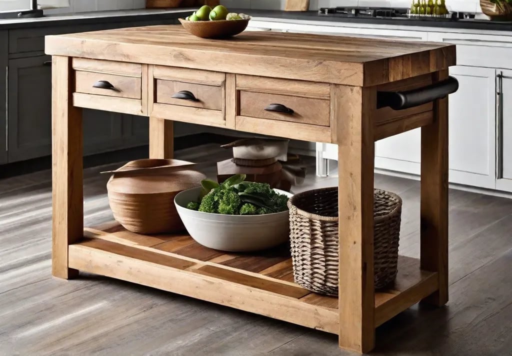 A DIY rustic kitchen island crafted from weathered reclaimed wood featuring a
