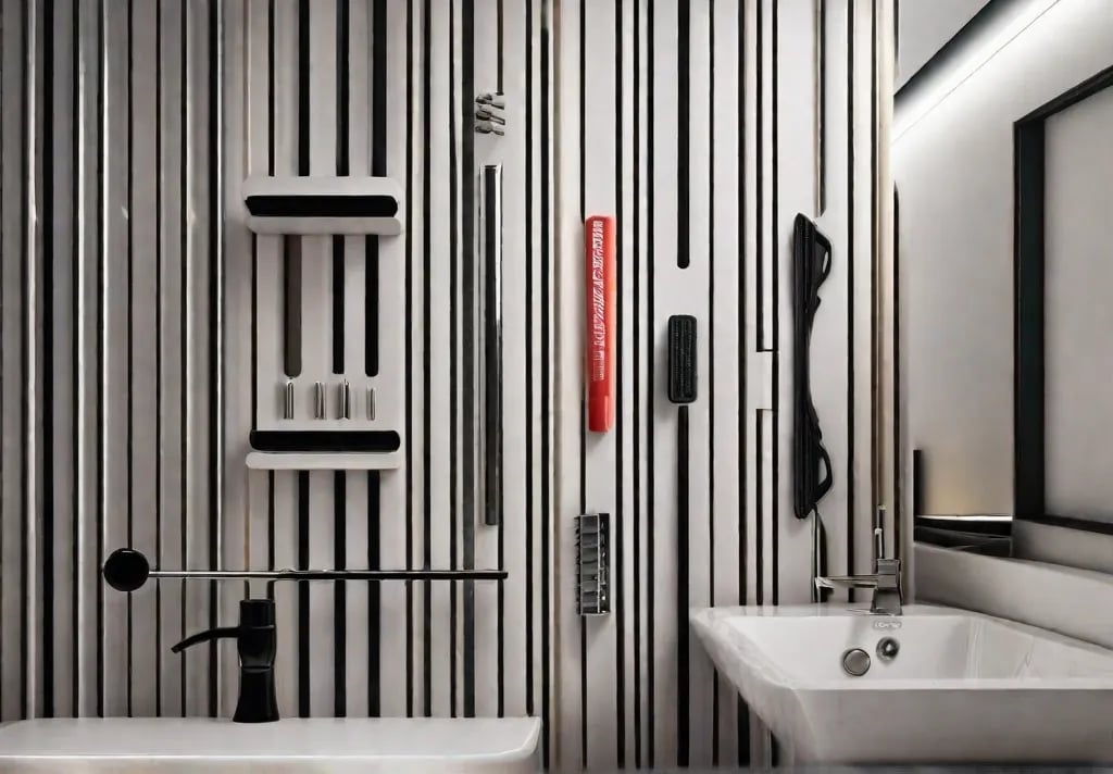 A bathroom wall featuring a magnetic strip with metal essentials like tweezers