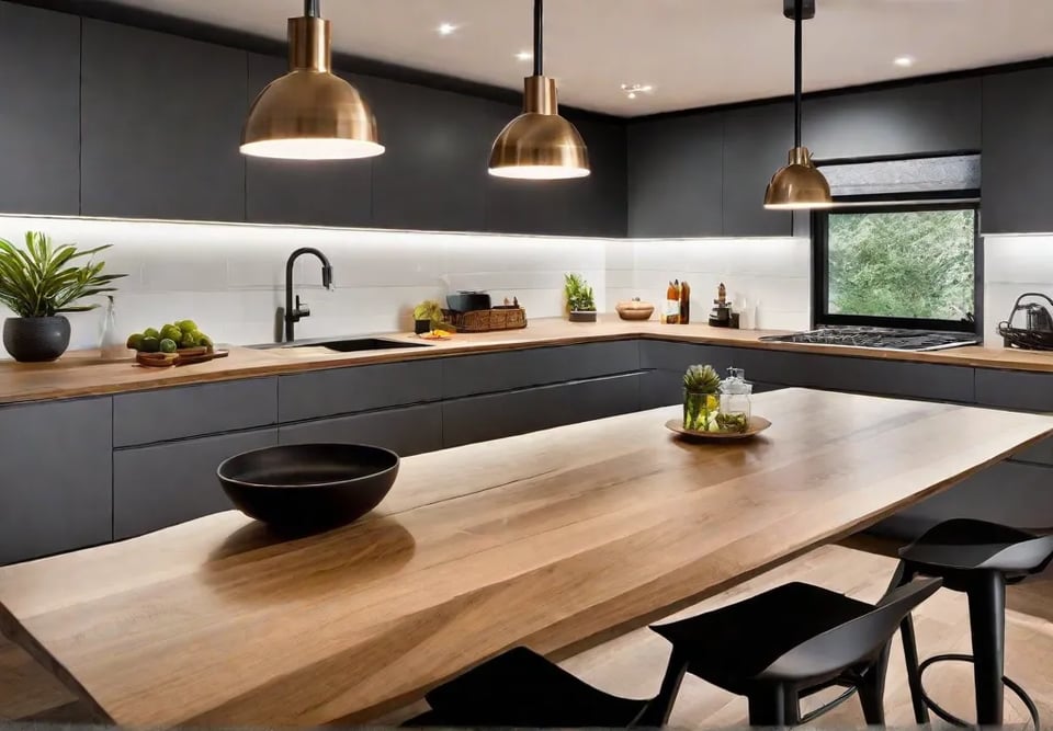 A before and after comparison shot showing a kitchen island area pre and post installation of smart