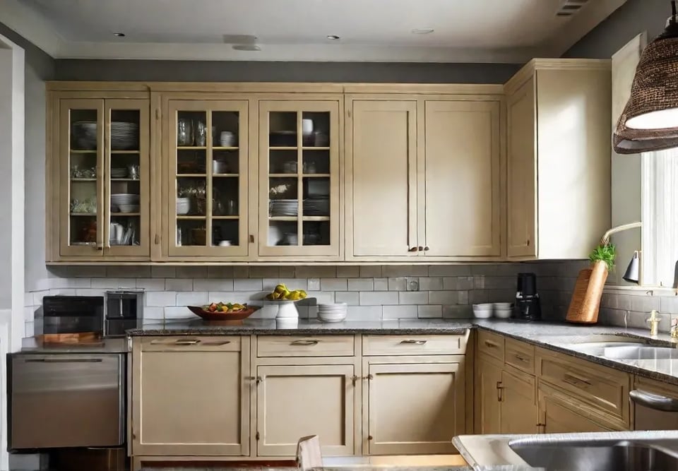 A before photo of a cluttered disorganized kitchen counter next to an