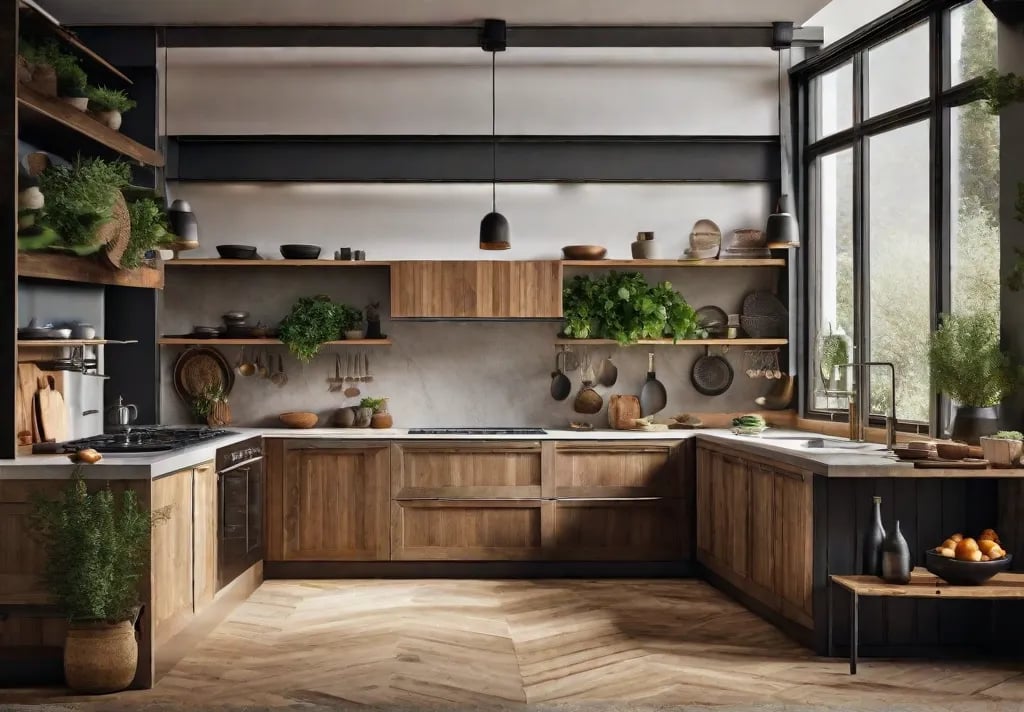 A birdseye view of a rustic kitchen layout showcasing the harmony between
