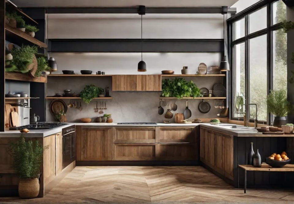 A birdseye view of a rustic kitchen layout showcasing the harmony between
