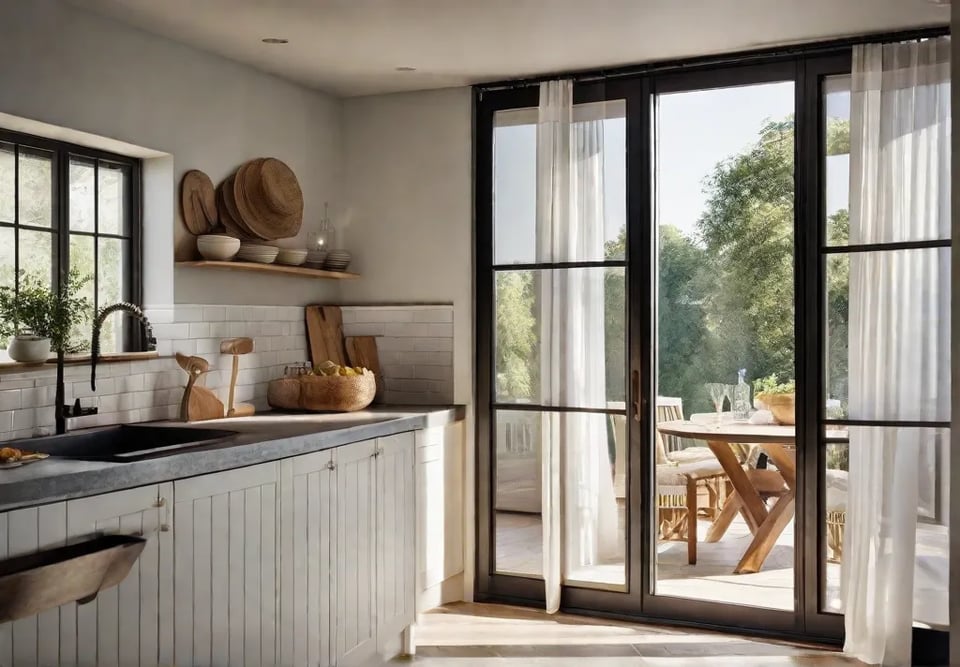 A bright and airy kitchen space emphasizing natural light with sheer linen