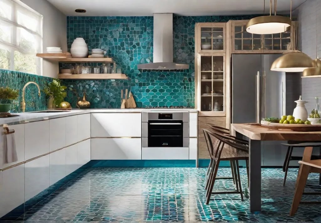 A bright eclectic kitchen filled with natural light featuring a vibrant mosaic
