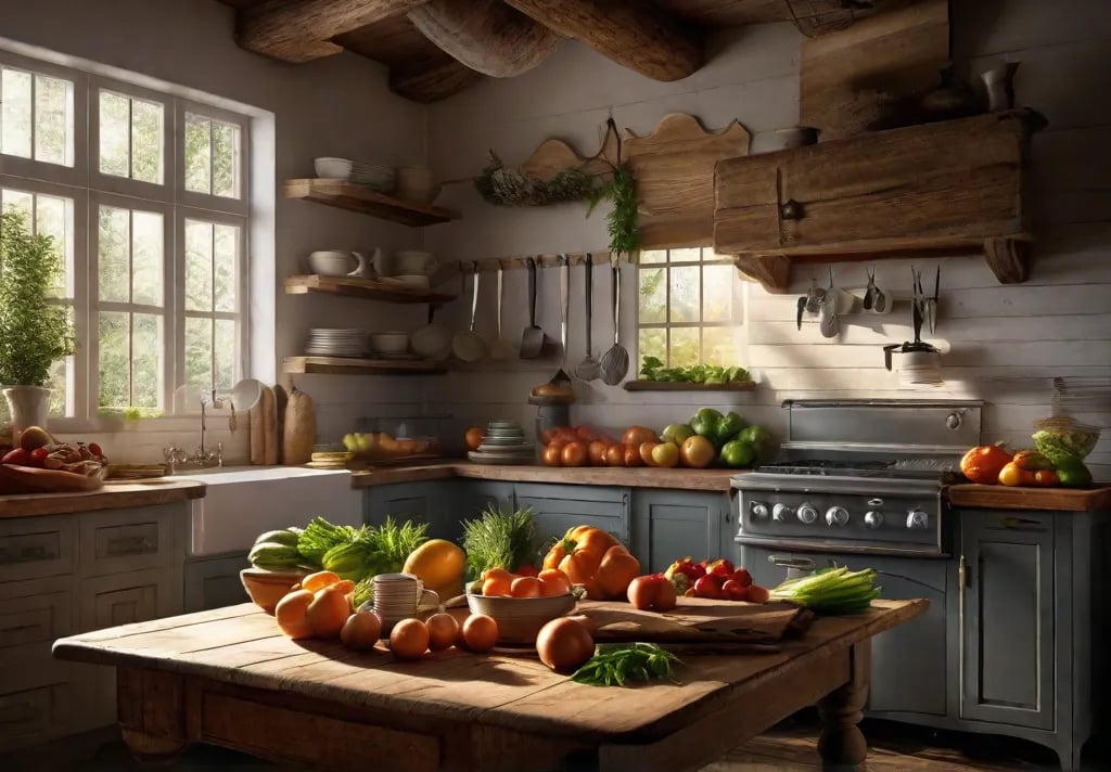 A bustling farmhouse kitchen scene at sunrise