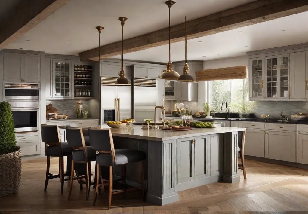 A bustling kitchen scene depicting family and friends gathered around a multi level island with built in wine storage