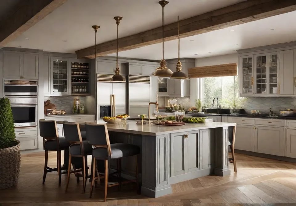 A bustling kitchen scene depicting family and friends gathered around a multi level island with built in wine storage