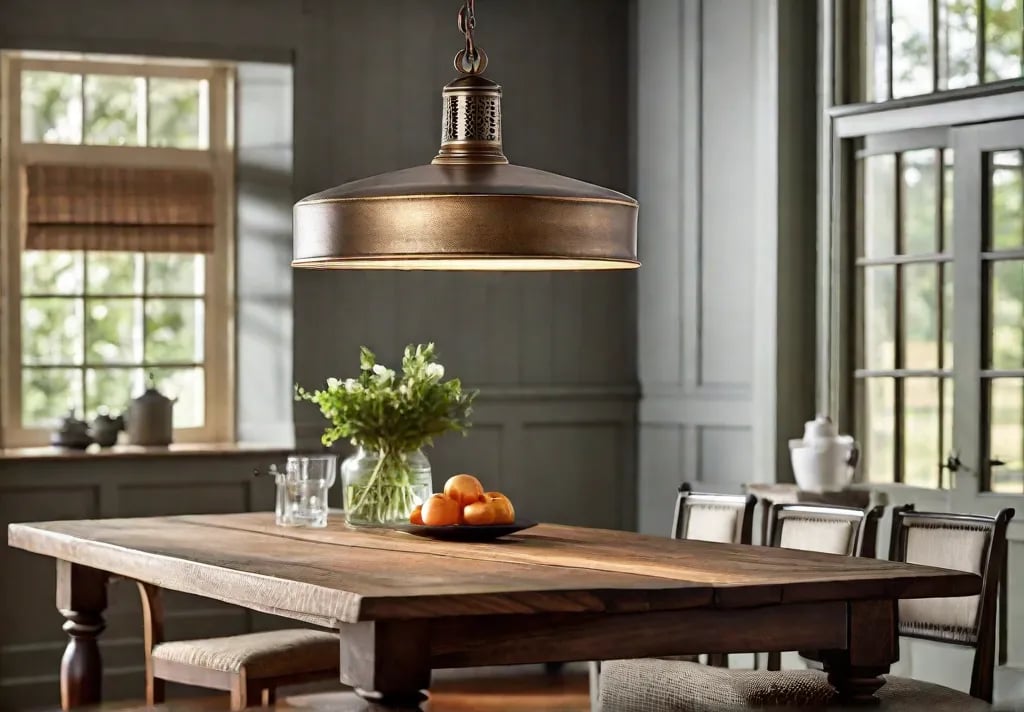 A charming corner featuring vintage pendant lighting with an antique metal finish