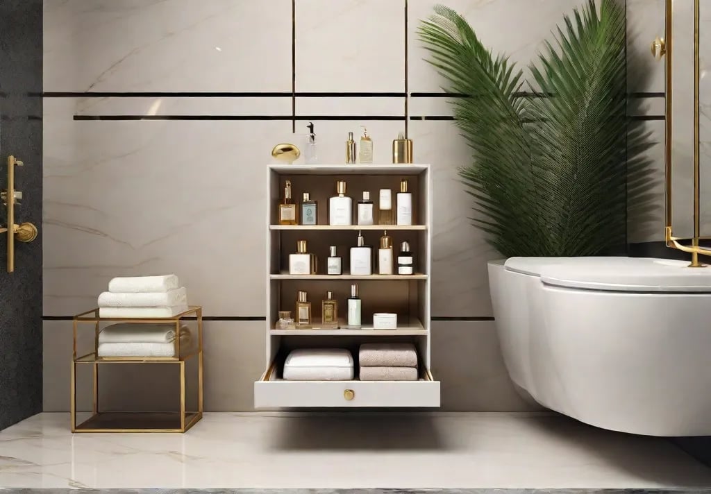 A chic and minimalist toilet tank topped with a decorative tray holding an array of small toiletry items