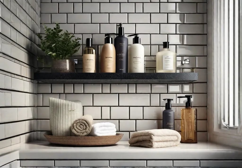 A chic corner shelf nestled in the shower