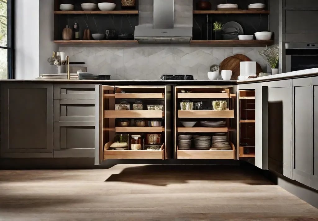 A close up of a kitchen corner exploiting creative storage solutions