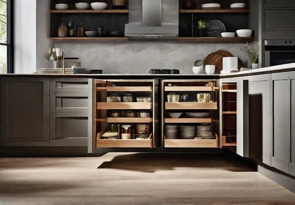 A close up of a kitchen corner exploiting creative storage solutions