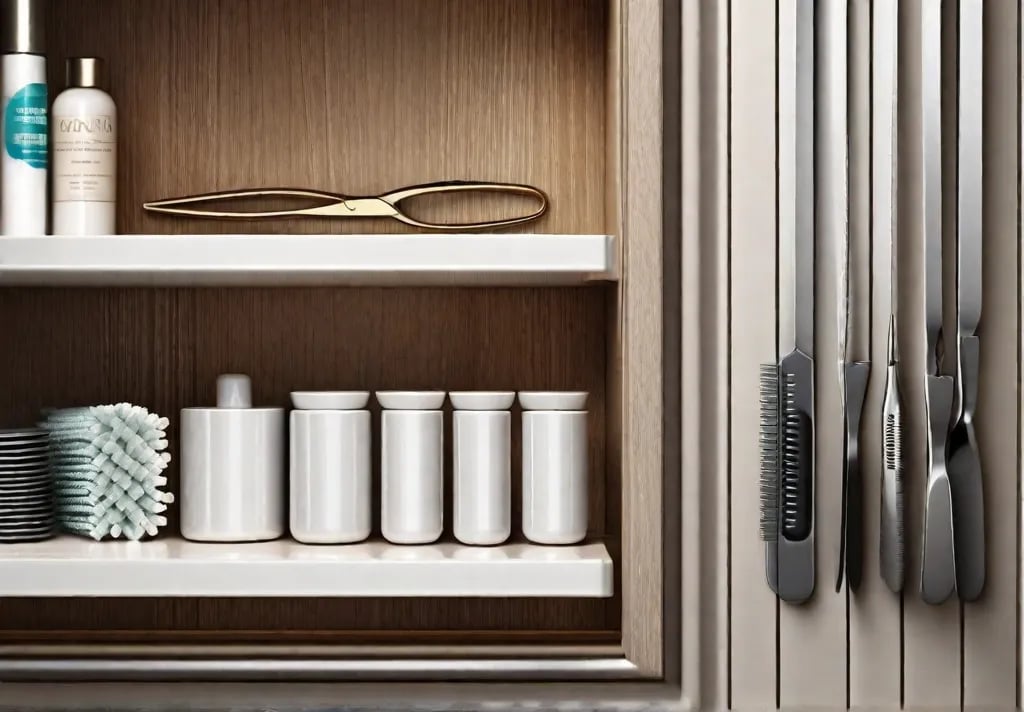 A close up of a magnetic strip mounted inside a bathroom cabinet with bobby pins