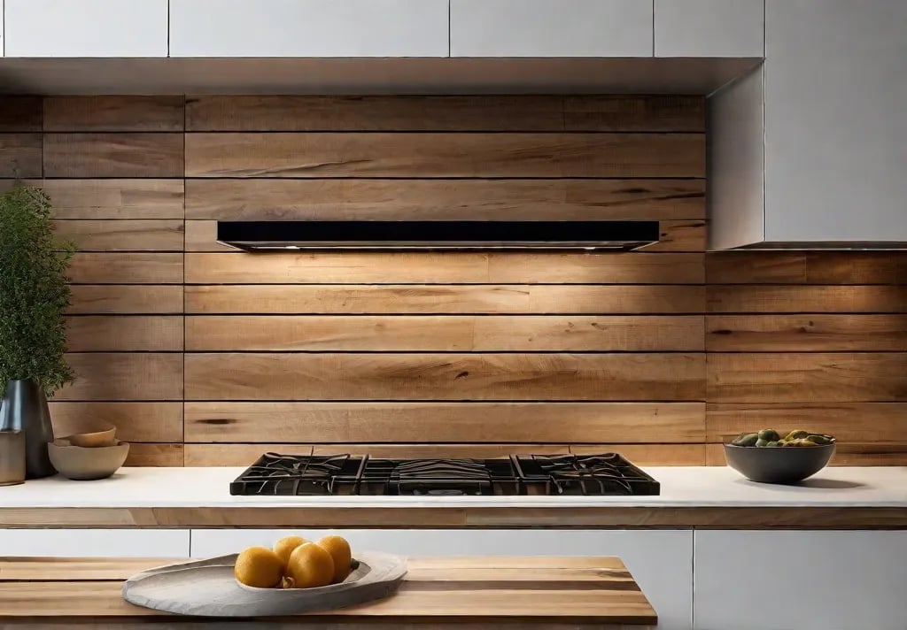 A close up photo of a kitchen backsplash made of reclaimed wood