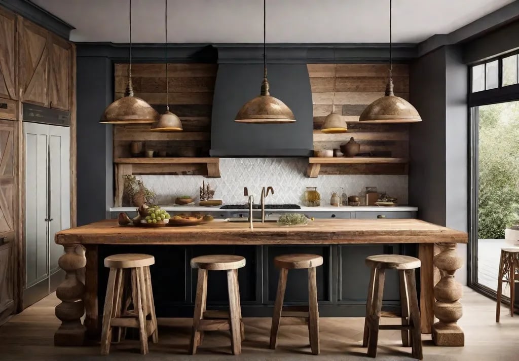 A closeup of a kitchen island made from reclaimed wood topped with