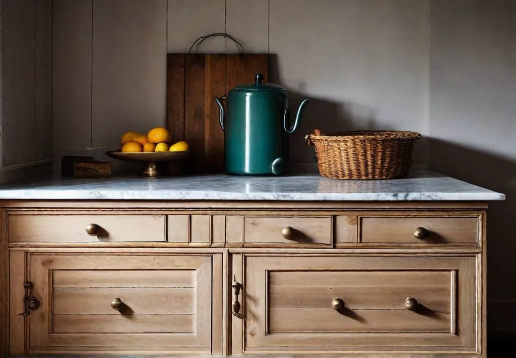 A closeup of an upcycled furniture piece in a rustic kitchen detailing