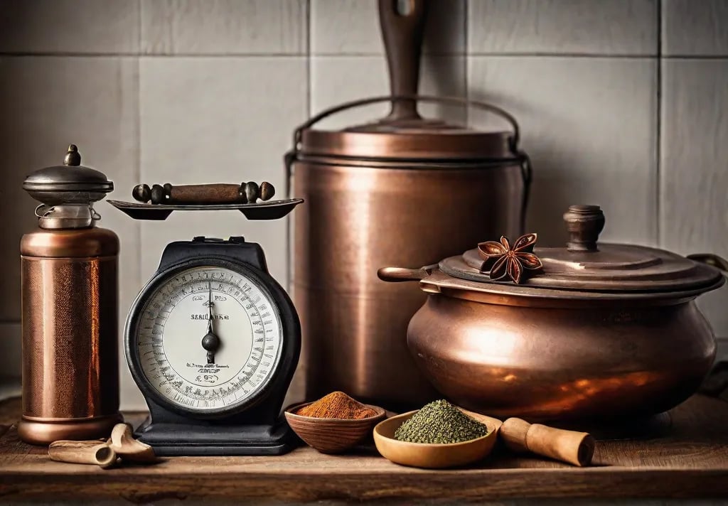 A closeup view of a rustic kitchen countertop accessorized with copper and
