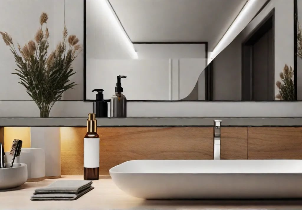 A cluttered bathroom counter before decluttering juxtaposed with an after image showcasing a minimalist approach with only essential items