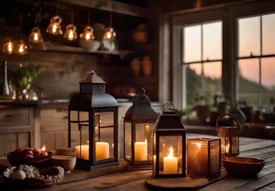 A collection of candles and lanterns set on a reclaimed wood dining