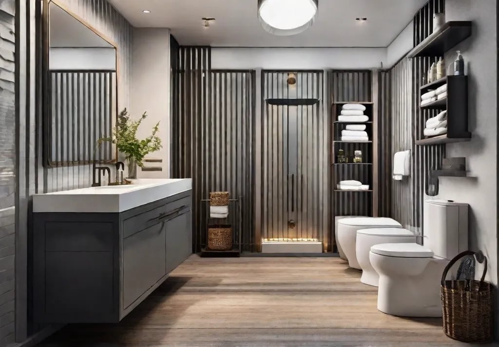 A compact bathroom featuring a clever over the tank hanging basket